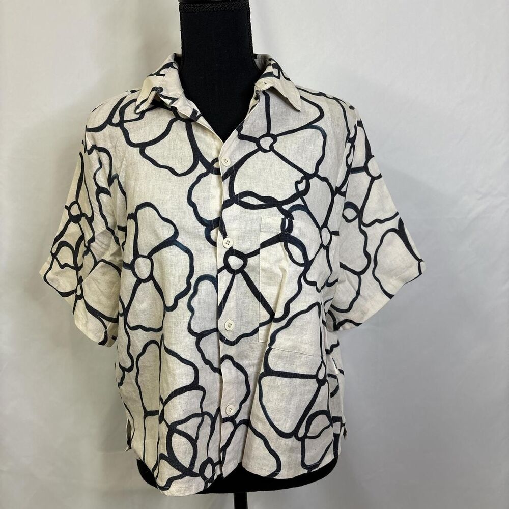 White and Navy floral button up shirt